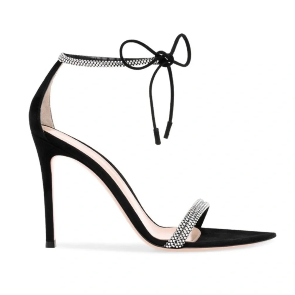 Gianvito Rossi Montecarlo Black Suede & Crystal Stiletto Heel Ankle-tie …